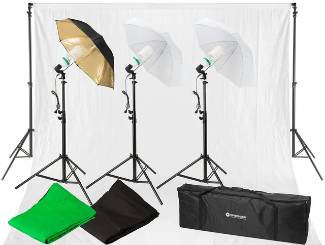bresser-br-2120-fotostudio-set-1600w-mit-hintergrundsystem-lampen-und-schirmen image 1