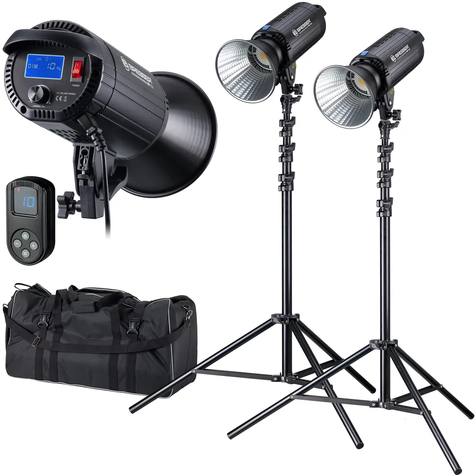 bresser-br-150s-cob-led-dual-kit-2x-150w-mit-reflektor-und-stativ image 1